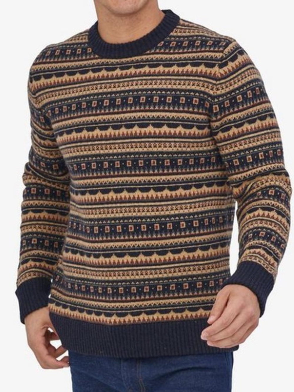 Patagonia men’s recycled wool sweater blue tan fair isle print fall winter sz M